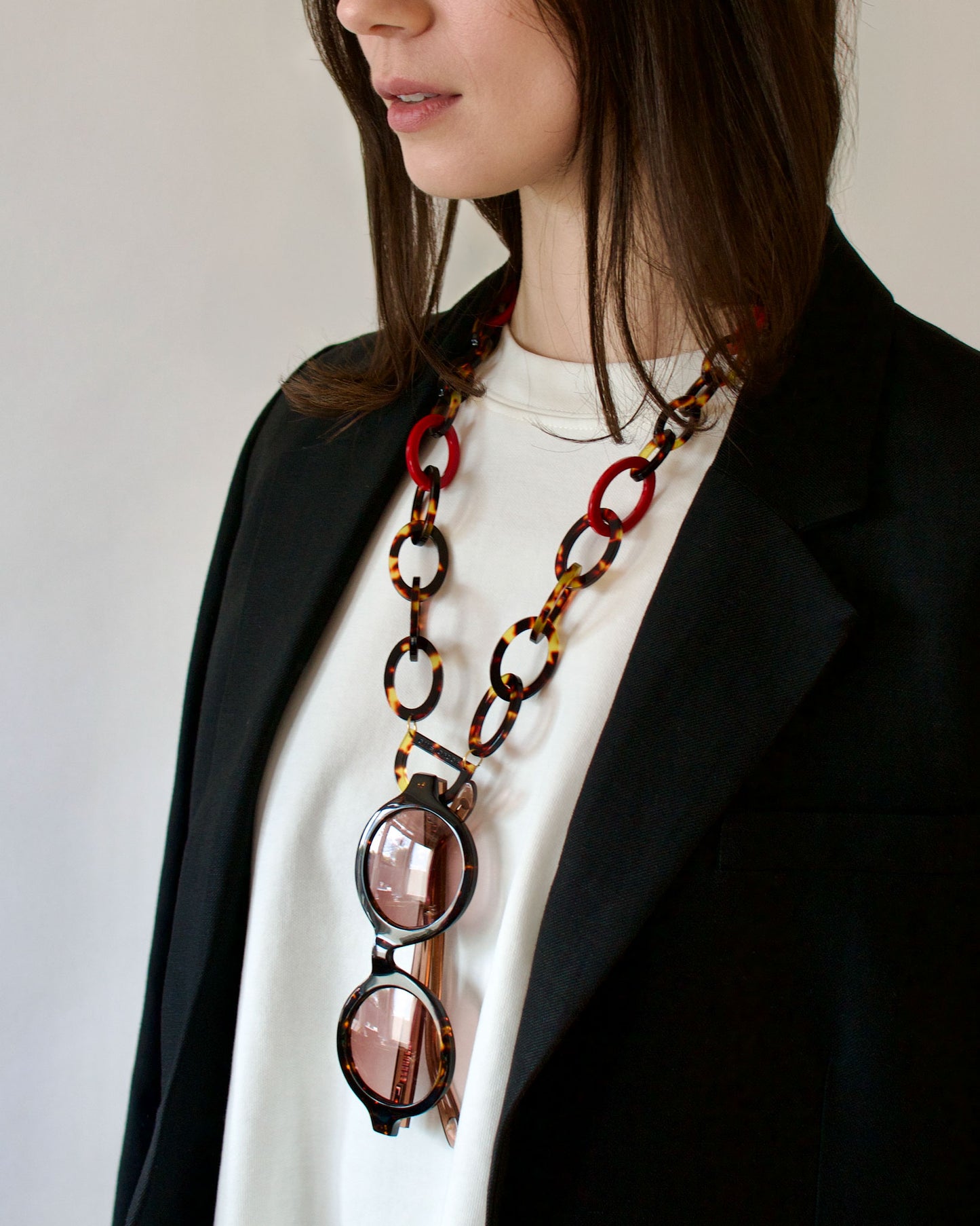 Original D Necklace | Dark Tortoiseshell Bio & Cherry Red | Bio-Acetate Glasses Necklace