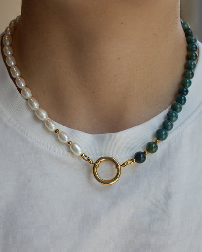 The O Necklace | Half-Half in Fresh Water Pearl & Indian Agate | Glasses Holder