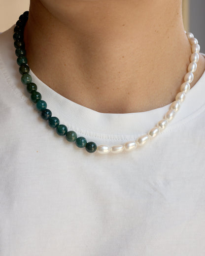 The O Necklace | Half-Half in Fresh Water Pearl & Indian Agate | Glasses Holder