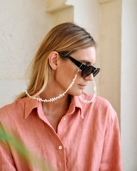 White Blossom Petal-Shaped  Fresh Water Pearl Glasses Chain