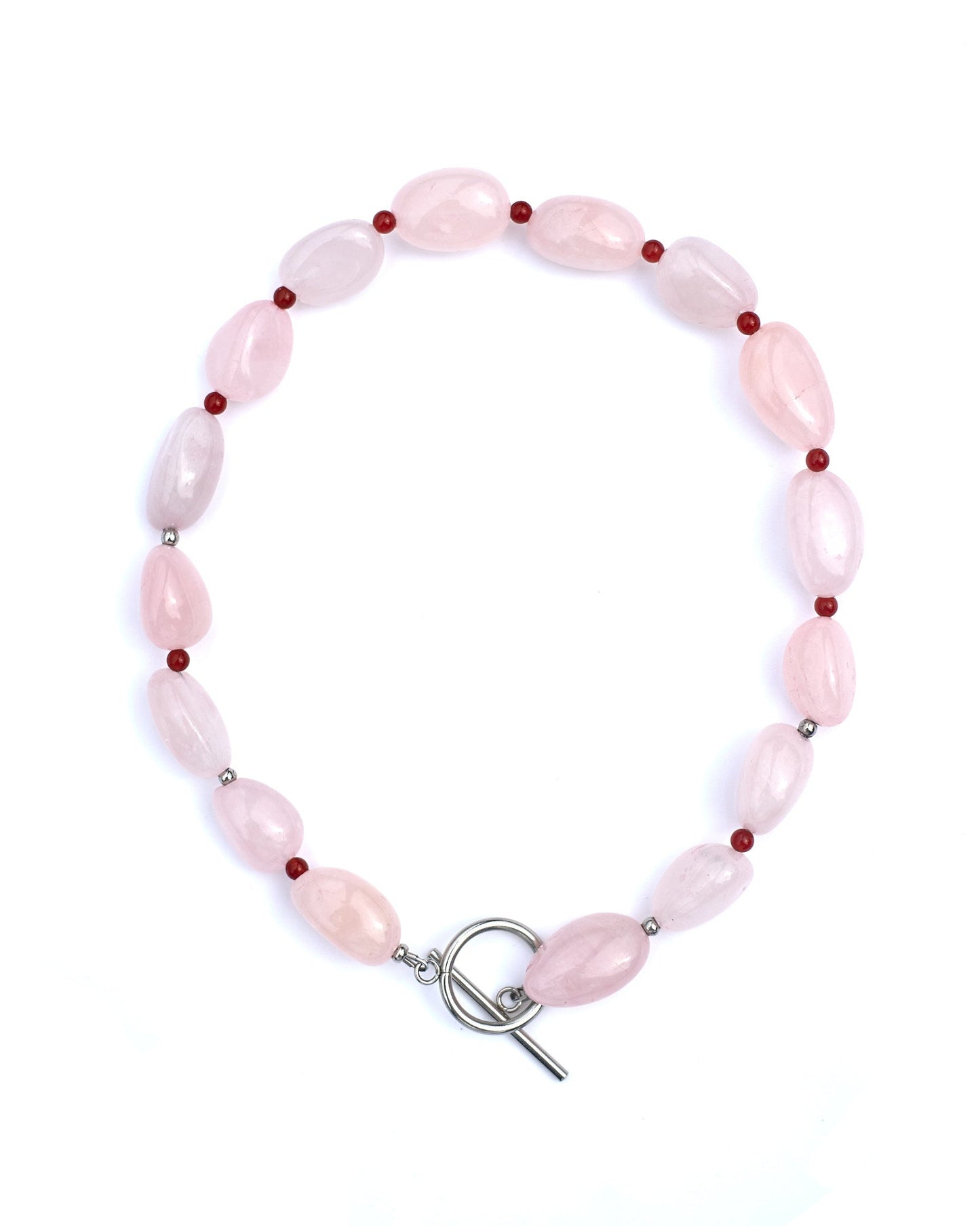 Pink beaded necklace choker with a silver clasp on a white background


