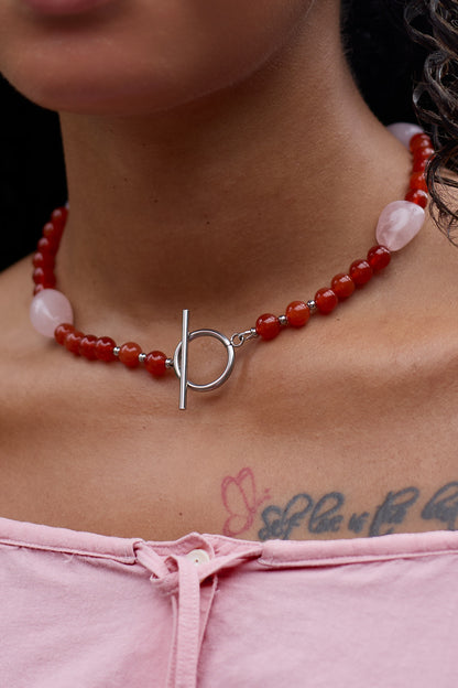 Pink Pebble | Rose Quartz & Red Agate Necklace