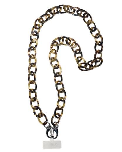 tortoiseshell bio-acetate phone chain with a clasp on a white background