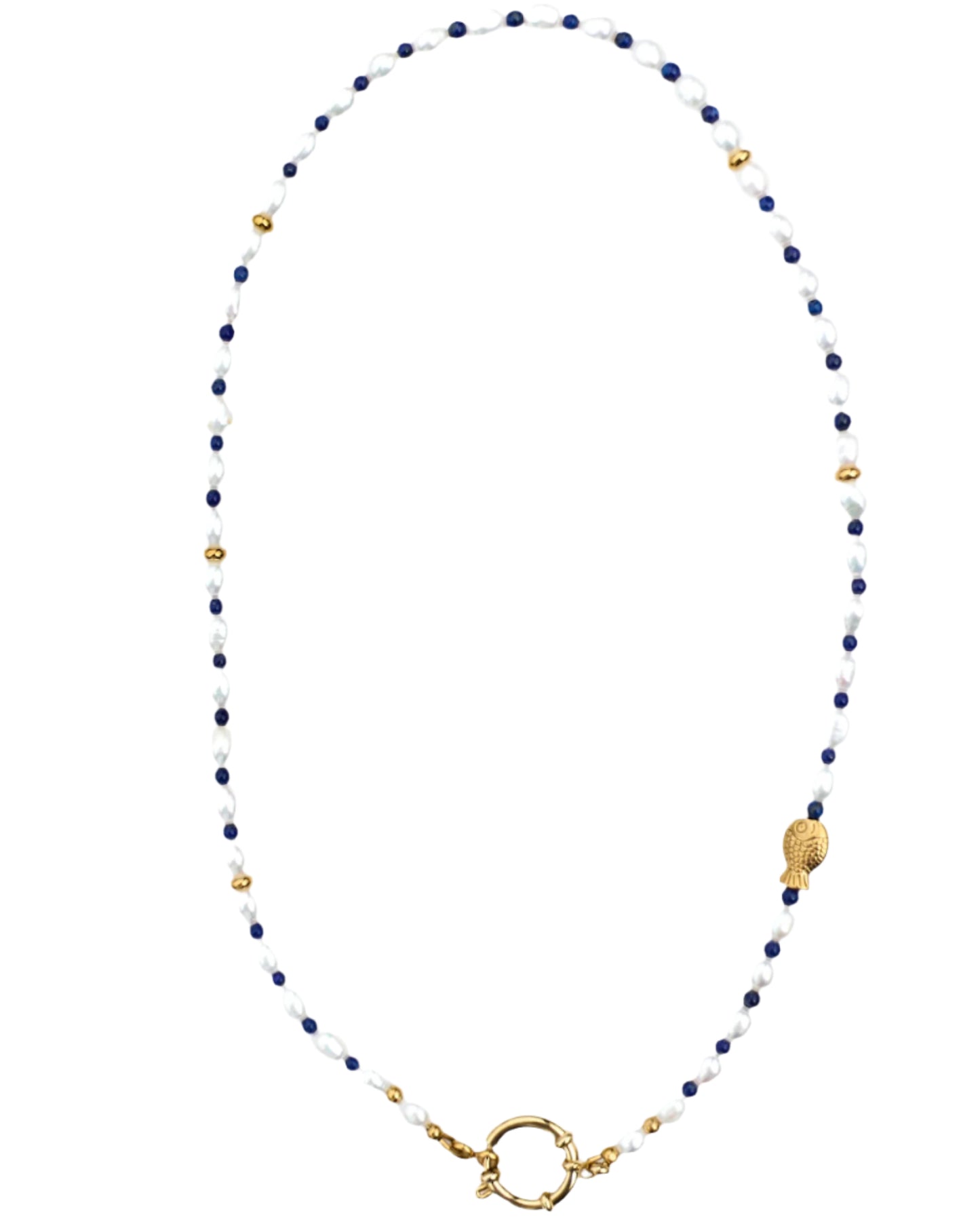 Necklace with white beads, blue beads, and gold clasp on a white background